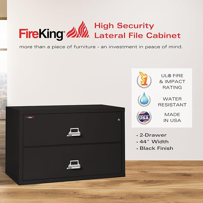 Fireking Fireproof Lateral File Cabinet (2 Drawers, Impact Resistant, Water Resistant), 27.75" H x 44.5" W x 22.13" D, Black