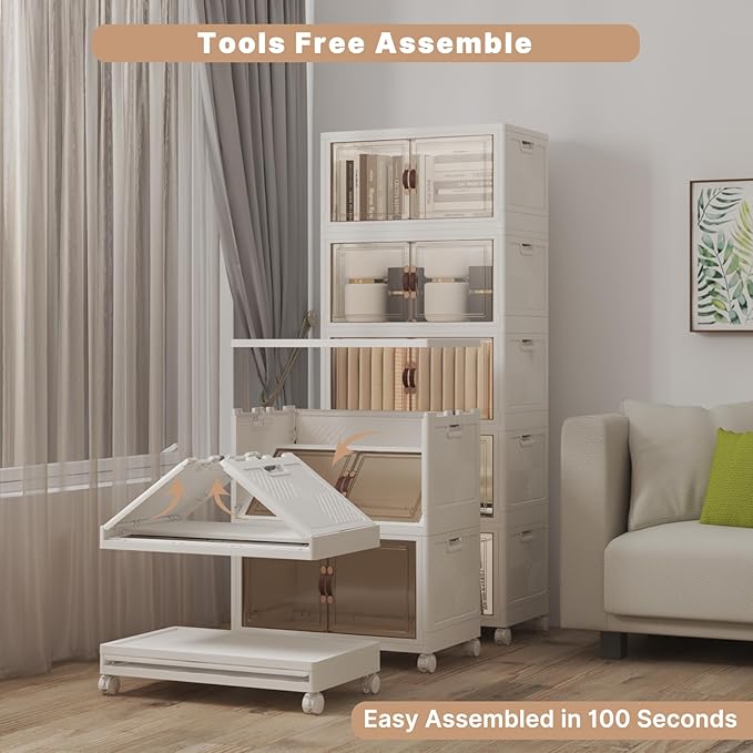 Extra Large Stackable Storage Bins with Lids & Wheels, Foldable Collapsible Closet Organizers Storage Cabinet with Doors for Bedroom Dorm (White, 275QT-55QT/14GAL*5Pack)