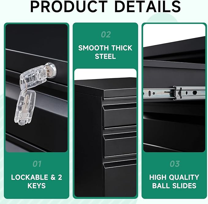 Letaya 3 Drawer Mobile File Cabinet with Lock, Under Desk Metal Rolling Filing Cabinets for Home Office Organizer Letters/Legal/A4 (Black- Requires Installation) (Black)