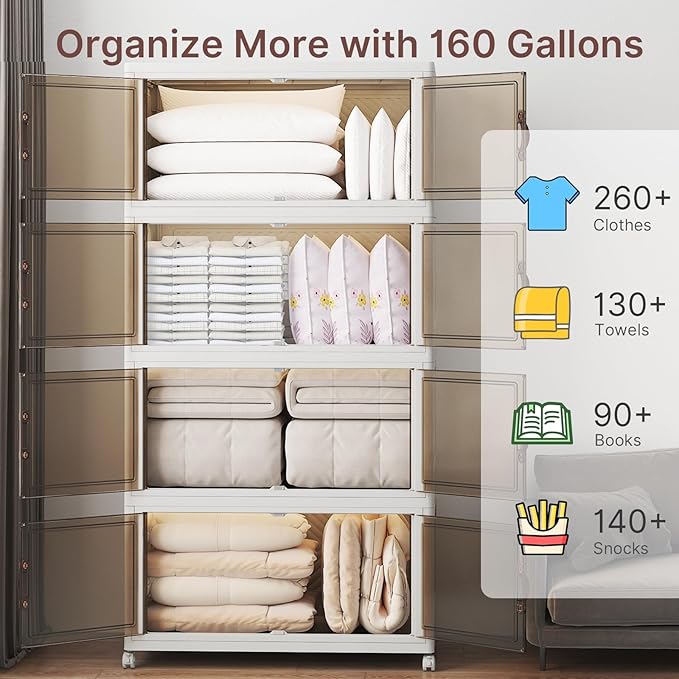 640Qt Stackable Storage Bins with Lids, 4 Pack Large Collapsible Bins with Wheels, Plastic Cabinet with Doors, Foldable Closet Organizers and Storage for Home, Dorm, Office, White