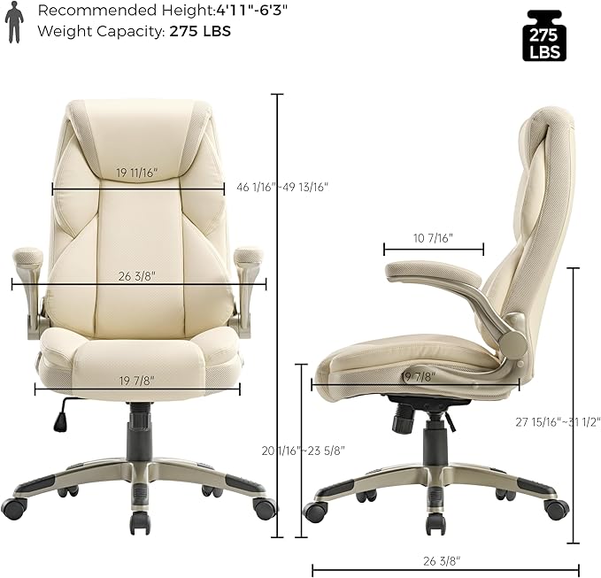 EUREKA ERGONOMIC Executive Office Chair Flip Up Arm Rest, Ergonomic Desk Chair Faux Leather Computer Chair, High Back Office Chair with Headrest, Home Office Desk Chairs with Wheels, Beige