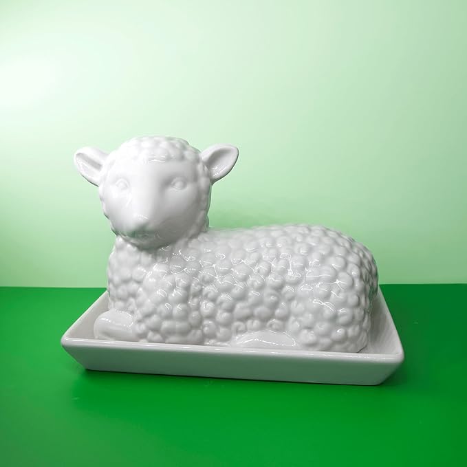 Lamb Butter Dish with Lid – Ceramic Farm Animal Butter Holder for Countertop Storage – Cute Sheep Design for Spring, Easter, or Farmhouse Kitchen Décor – Holds Standard Butter Stick