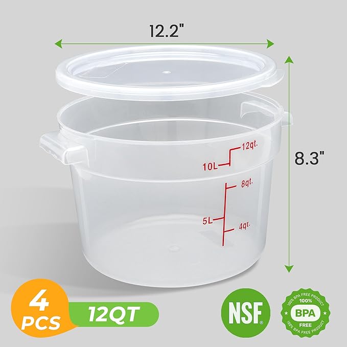 4 Pack Round Food Storage Containers with Lids, 12Qt Translucent Commercial Food Container, Polypropylene, BPA Free, Includes Labels & Measuring Cups