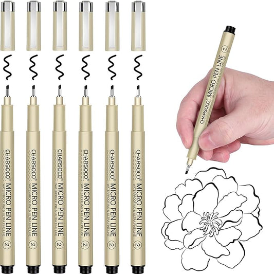 2 Micro Pen, 6 Pack Black Fine Point Pen with Waterproof Archival Ink, 2mm Fineliner Ink Pens for Artist Illustration, Sketching, Anime, Manga, Technical Drawing and Scrapbooking