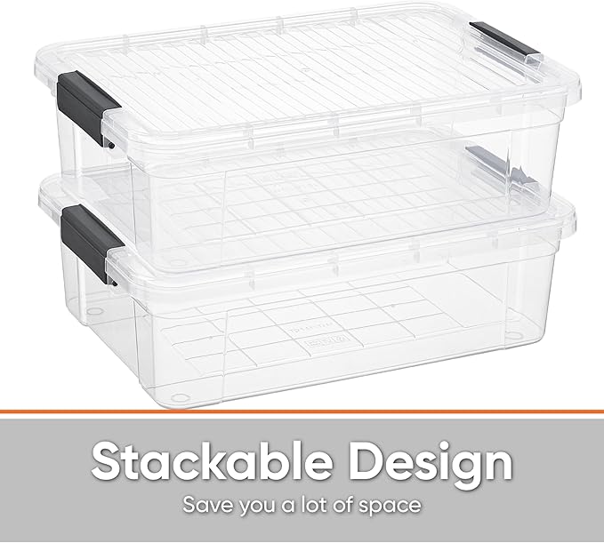 Superio Clear Storage Boxes with Lids, 13.7 Quart Plastic Container Bins for Organizing, Stackable Crates, BPA Free, Non Toxic, Odor Free, Organizers for Home, Office and Dorm, 8 Pack