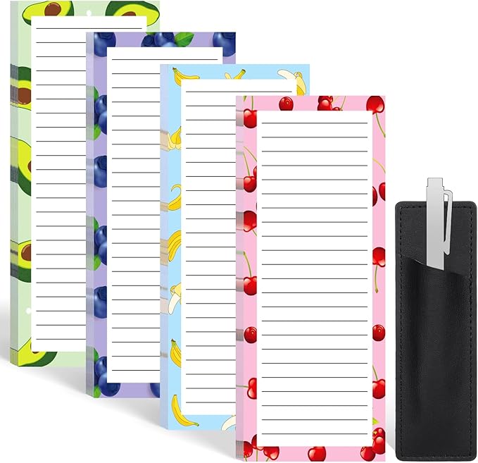 4 Pack Magnetic Note Pad for Fridge with Pen Holder, Totally 200 Sheets Magnetic To Do List, Grocery List, Shopping List, Memo Pads for Refrigerator（Fruit Design）