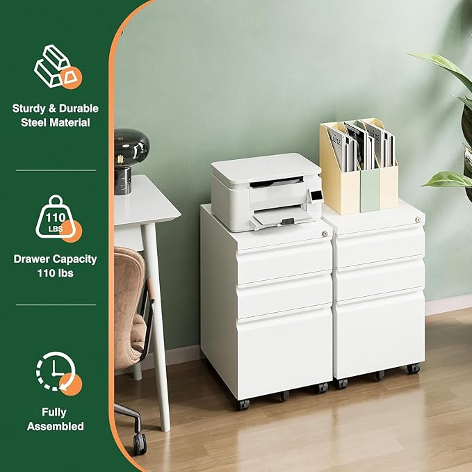 Letaya 3 Drawer Mobile File Cabinet with Lock, Under Desk Metal Filing Cabinets for Home Office Organizer Letters/Legal/A4(Fully Assembled-White)