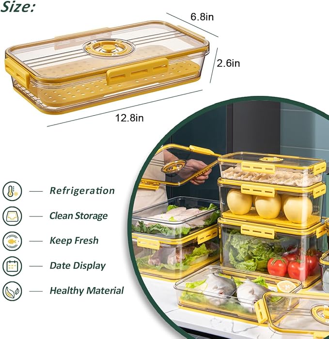 CottonColors Fridge Organizer, Food Storage Containers With Lids for Timer & Drain Board Stackable Refrigerator Organizers and Storage（Short, Small, 1.5 L）