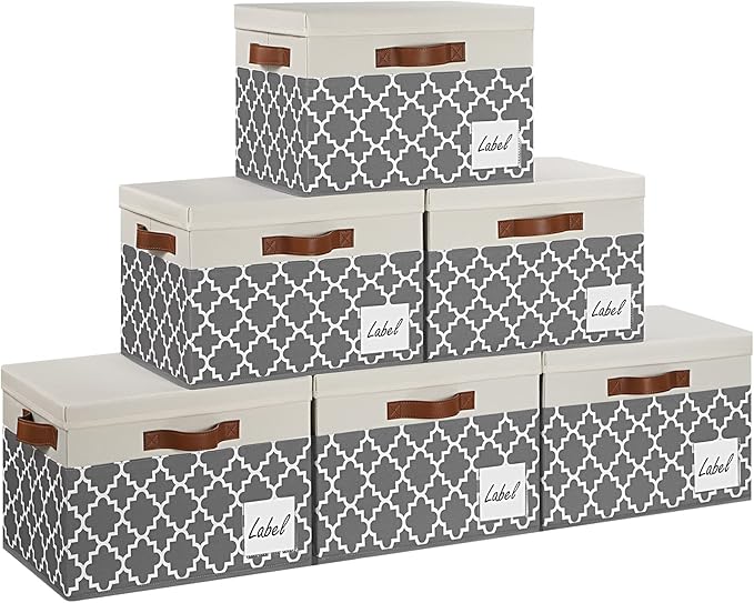 GhvyenntteS Large Fabric Storage Bins with Lids (6 Pack), Foldable Decorative Storage Boxes with Lids and 3 Handles, Sturdy Storage Baskets with Label Window for Home Office (White&Lattice Grey)