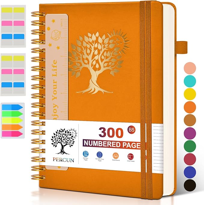 Large Spiral Notebook Journal for Women Men - 300 Numbered Lined Pages, College Ruled,B5 Hardcover Spiral Bound Notebook for School, Work, Note Taking, Writing, Leather Spiral Journal 7"x10"