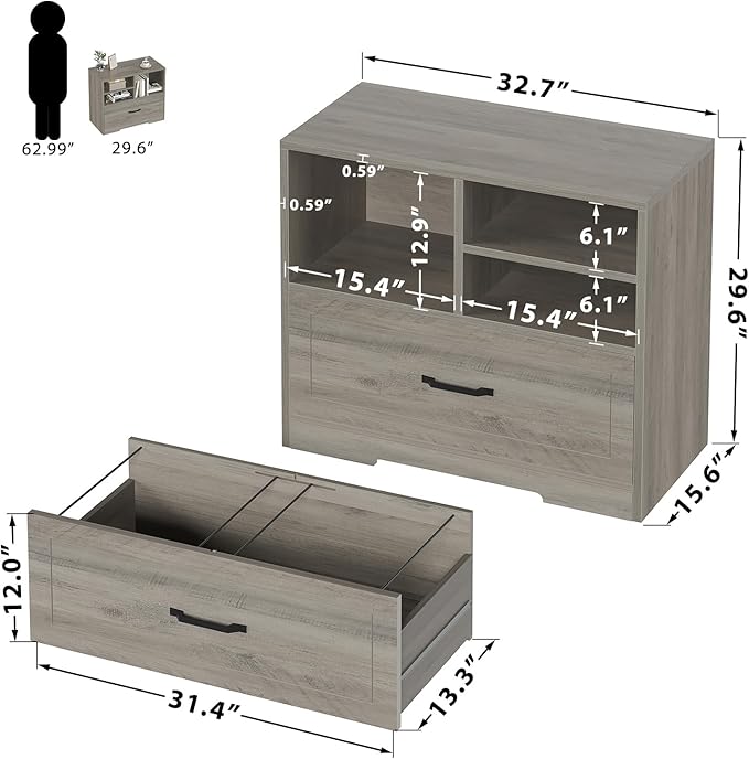 LVB Lateral Wood File Cabinet with Drawer, Farmhouse Printer Filing Cabinet with Storage for Legal Letter A4, Wooden Printer Stand with Hanging File Organizer Shelves for Home Office, 32.7 in, Greige