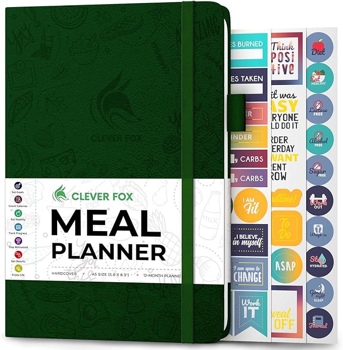Clever Fox Weekly Meal Planner - Weekly & Daily Meal Prep Journal with Shopping and Grocery Lists for Menu Planning, Healthy Diet & Weight Loss Tracking, Lasts 1 Year, Undated, A5 - Forest Green