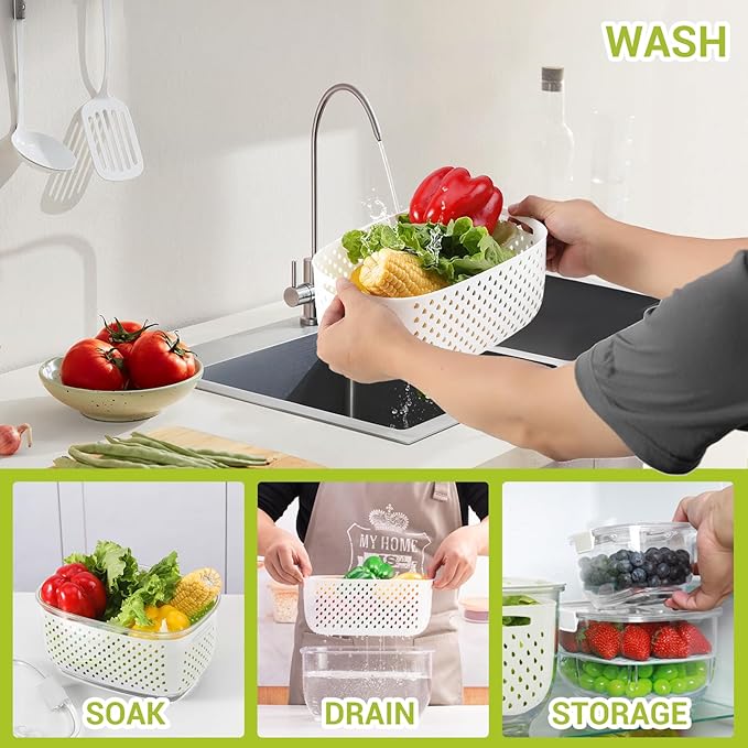 LUXEAR Fresh Produce Vegetable Fruit Storage Containers 3Piece Set, BPA-free, Partitioned Salad Container, Fridge Organizers, Used in Storing Fruits Vegetables, White