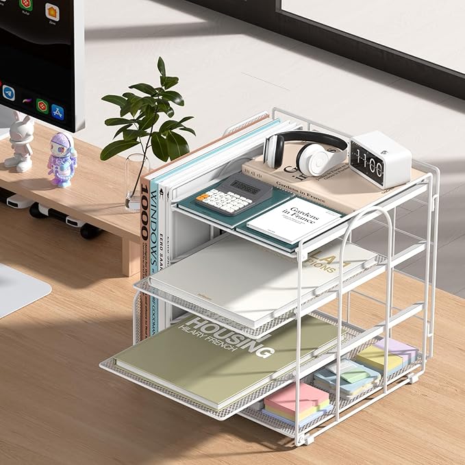 White Desk Organizer and Accessories, 4-Tier Paper Organizer for Desk, Office Accessories & Workspace Organizers and Desktop Storage for Office Supplies (White)