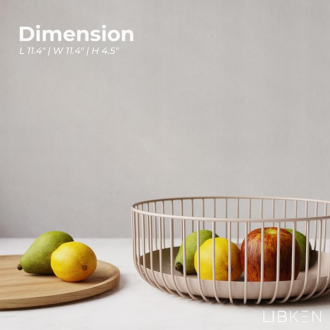 Fruit Basket for Kitchen - Multi-Purpose Stackable Basket with Wooden Lid - Powder Coated Metal and Rubber Wood - Wire Baskets for Organizing - Minimal Design - 11.4''x11.4''x4.5'' - Peach