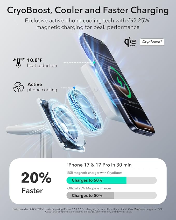 ESR for 3 in 1 Charging Station, Qi2.2 Certified 25W MagSafe Charger Stand with CryoBoost, Phone-Cooling Fast Charging Station, for iPhone 17/16 with iOS 26, AirPods, Apple Watch, White