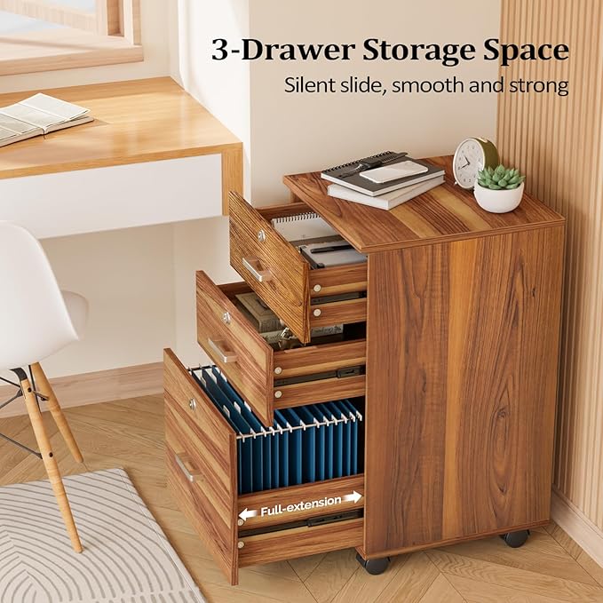 VINGLI 3-Drawer File Cabinet with Lock, Wood Rolling Filing Cabinets for Home Office, Mobile Printer Stand, Under Desk File Organizer for Letter Sized Files, 26" H(Caster Included), Walnut