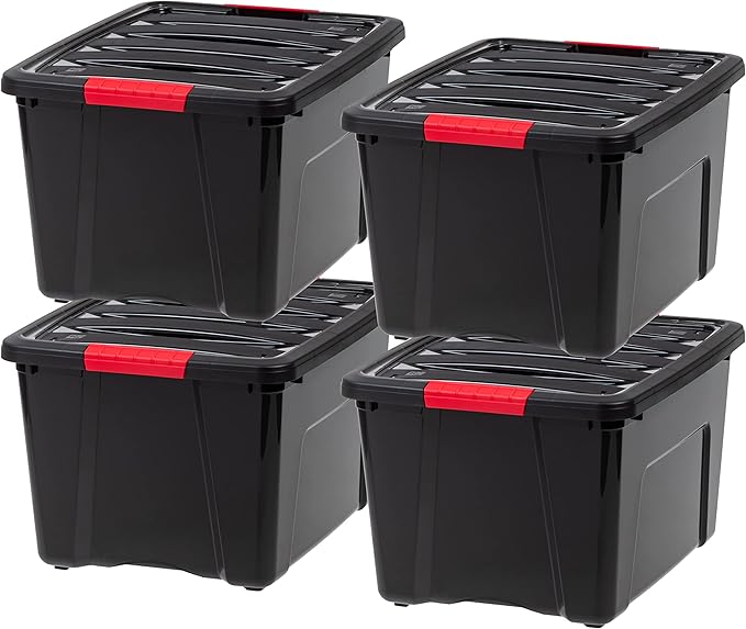 IRIS USA 40 Qt Stackable Plastic Storage Bins with Lids, 4 Pack - BPA-Free, Made in USA - Garage Organizing Solution, Latches, Durable Nestable Containers, Secure Pull Handle - Black