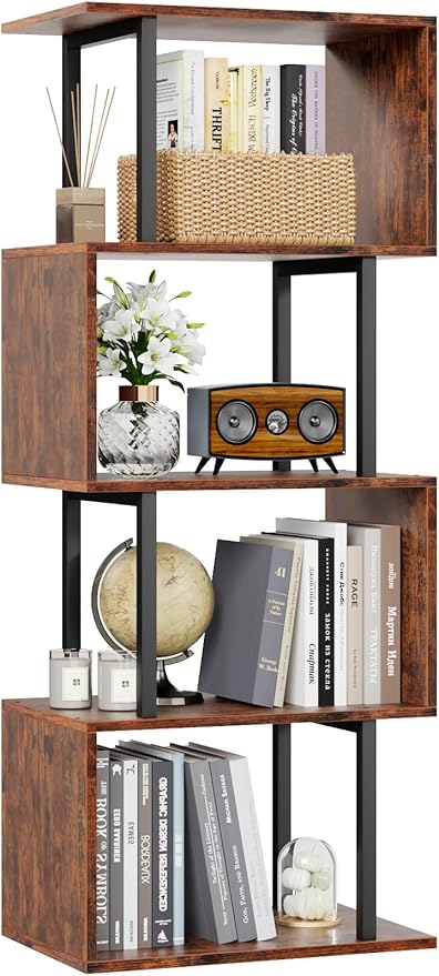 Furologee 5 Tier Bookshelf, S Shaped Geometric Bookcase, Narrow Freestanding Display Shelves, Modern Wood Decorative Storage Rack for Bedroom, Living Room, Home Office, Rustic Brown
