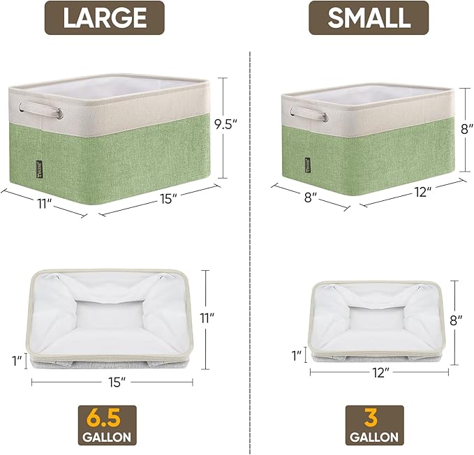BALEINE 3 Pack Fabric Storage Bins for Shelves, Linen Storage Baskets for Organizing, Decorative Closet Bins for Clothes, Home (Green, 12"x8"x8")