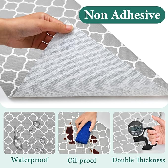 Shelf Liners for Kitchen Cabinets 17.3in x 20FT Non Adhesive Drawer Liner Gray Quatrefoil Thickened Shelf Liner Strong Non-Slip Easy to Clean for Tool Box Refrigerator with Knife and Tape Measure