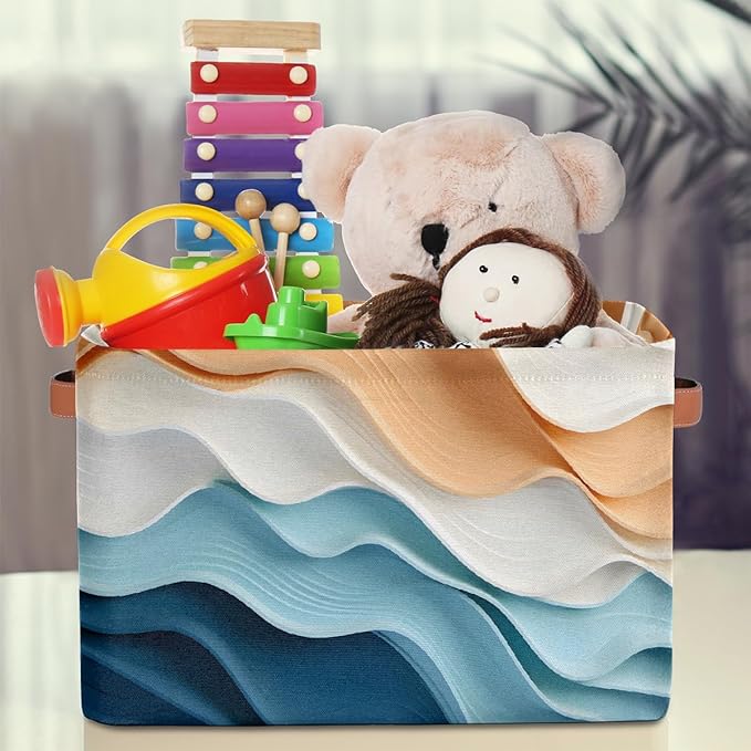 Ripple Storage Basket with Handle, Decorative Storage Bins Closet Bookshelf Dog Toy Organizer 15"x11"x9.5"