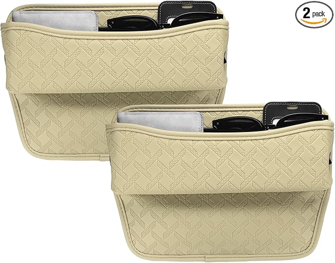 HARFINGTON 2pcs Car Seat Gap Filler Organizer 11.5 x 8 x 2.1 Inch Leather Universal Car Organizer Storage Box Between Seat and Console for Phone Sunglasses Keys, Beige
