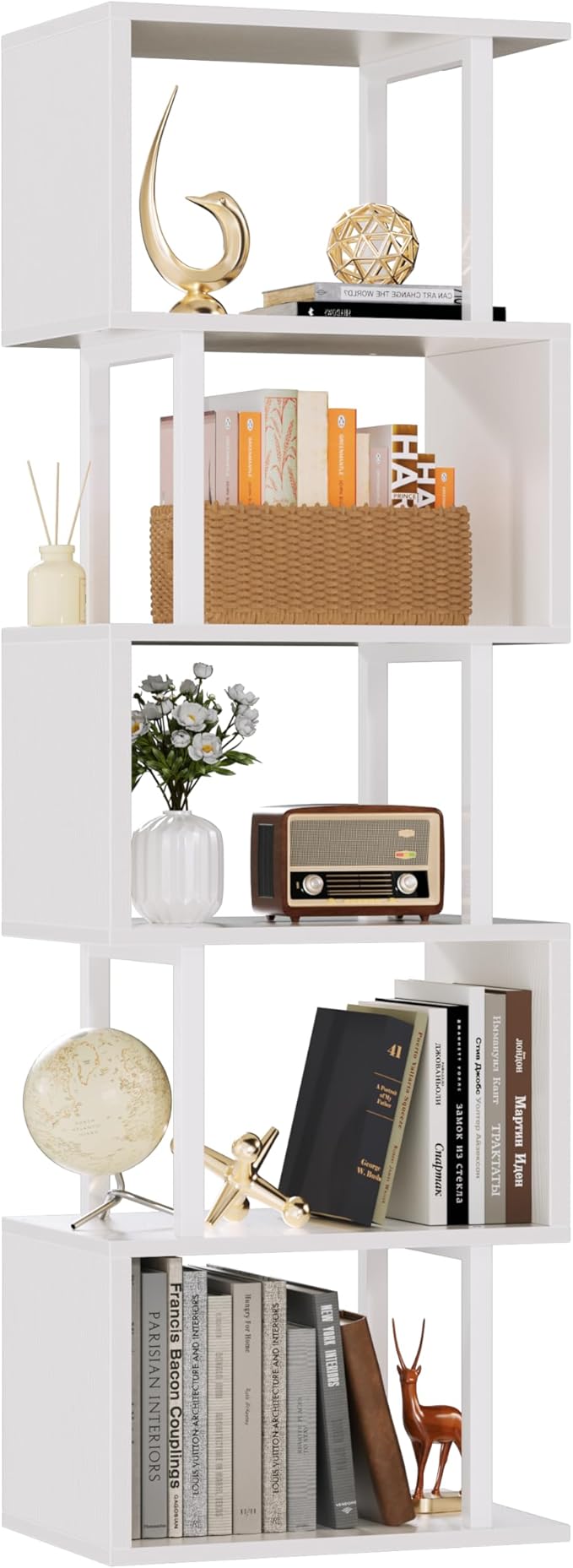 Furologee White Geometric Bookshelf 6 Tier S-Shaped Bookcase, Tall Modern Display Storage Shelf, Metal and Wood Decorative Freestanding Room Divider Shelves for Bedroom, Living Room, Office