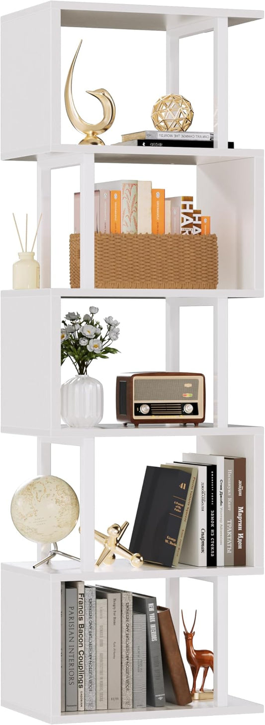 Furologee White Geometric Bookshelf 6 Tier S-Shaped Bookcase, Tall Modern Display Storage Shelf, Metal and Wood Decorative Freestanding Room Divider Shelves for Bedroom, Living Room, Office