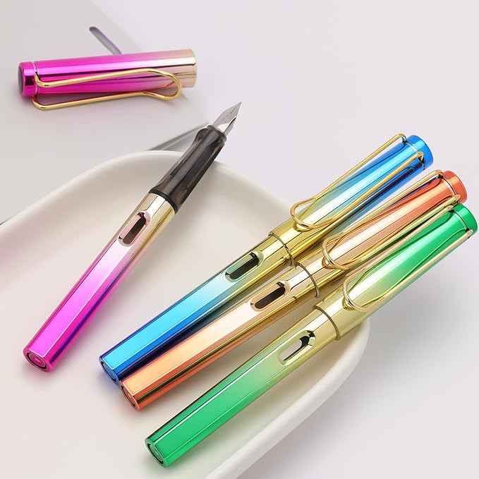 Ludato Disposable Color Fountain Pens for Writing-Pack of 4 - Blue,Green,Orange,Rose Pink