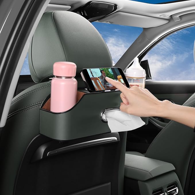 Car Seat Back Organizer - Stylish & Functional Storage for Family Adventures - Cup Holders, Tissue Box & Hooks - Perfect for Kids, Road Trips & Travel (Emeralds)