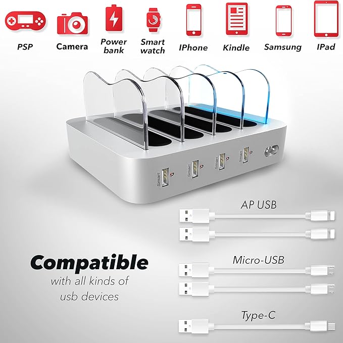 4 Port USB Charging Station - Charging Dock for Multiple Devices - Multi Device Charger Station - Compatible with Apple, iPad, iPhone, and Android - Universal Charge Rack for Phones and Tablets