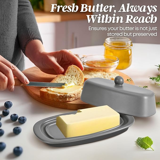 Flexzion Ceramic Gray European Butter Dish with Lid for Countertop (7 Inch) - 1 Stick Butter Holder for Counter, Cream Cheese Container Storage Keeper