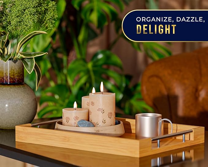 Decorative Bamboo Serving Trays with Silver Stainless Steel Handles – 2-Piece Set for Coffee Table, Ottoman, Breakfast in Bed, Jewelry & Decor Organization – 12"x17" – Pure Bamboo Finish