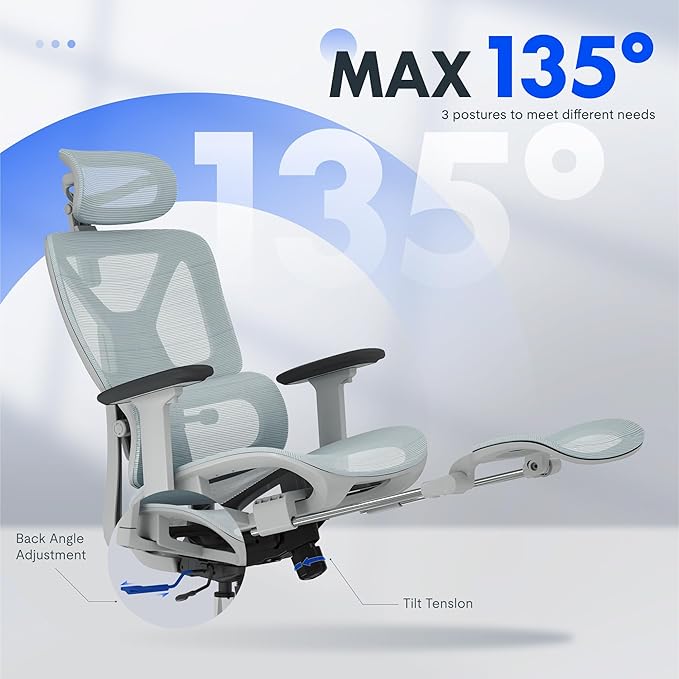 FLEXISPOT ErgoX Premium Ergonomic Office Chair with Footrest- Adjustable 3D Armrests, Dynamic Lumbar Support, Recline & Tilt Function, Mesh Seat, for Home & Office Use,Blue