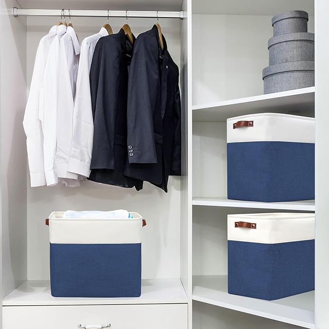 Large Fabric Storage Baskets | 50L Storage Bins, Decorative Linen Closet Baskets with Handles for Organizing, Shelf, Toys, Clothes, Home, Office, Nursery, 17x12x15Inches (Navyblue&White)