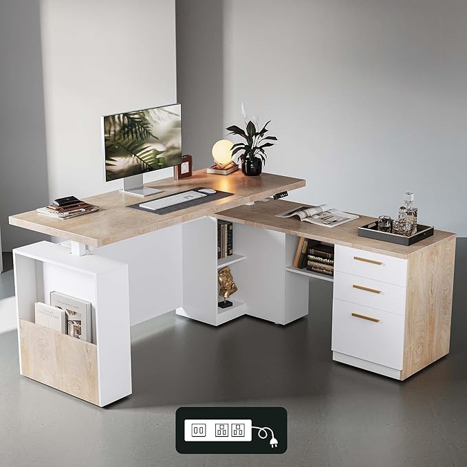 63" Standing Desk with File Cabinet, Privacy Panel, AC/USB, 1.18" Desktop, Executive L Shaped Height Adjustable Electric Stand Up Desk, Home Office Table with 3 Drawers, Light Walnut