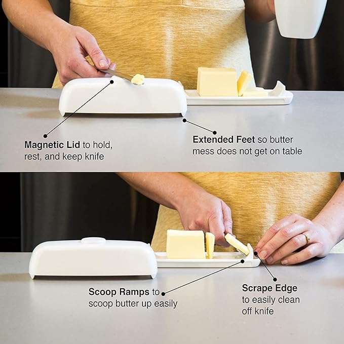 Butter Hub Extra Large Butter Dish with Lid and Knife, European Size Magnetic Butter Keeper, Easy Scoop, No Mess Lid, Plastic, Dishwasher Safe (White, European / 2 Sticks)