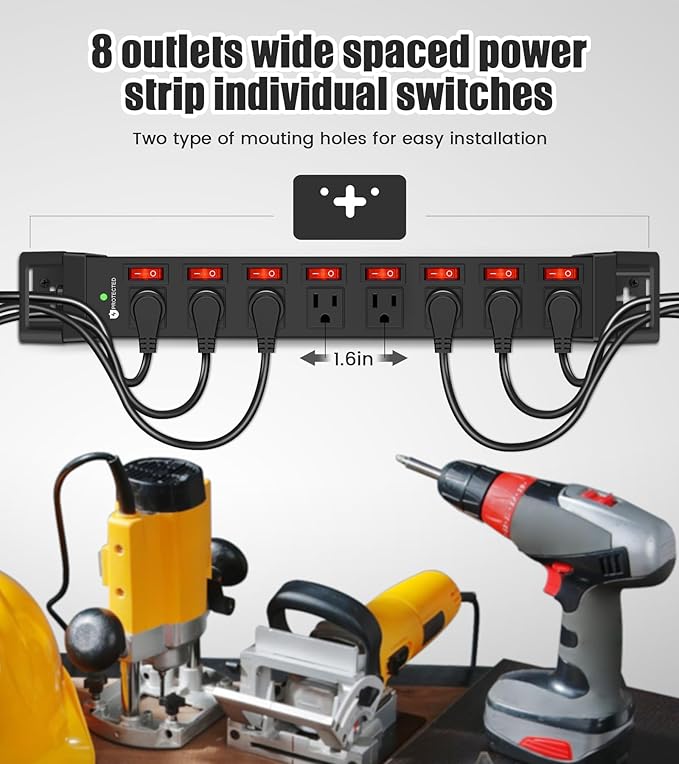 Heavy Duty Power Strip with Individual Switches,8 Outlets 14 Gauge Industrial Shop Garage Metal Multiple Outlets,1200J Surge Protector Mountable Power Strip,15FT Extension Cord Management (Black)