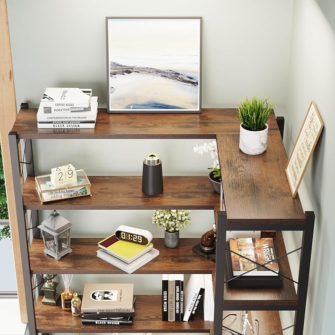 6-Shelf Corner Bookshelf, Vintage Industrial Corner Shelf Etagere Bookcase, Large Book Shelf with Metal Frame Open Storage Corner Cabinet (Brown-Lockers)