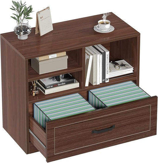 LVB Wood Lateral Filing Cabinet with Drawer, Farmhouse File Cabinet Printer Stand with Storage Shelves, Printer Cabinet Fits A4 Letter Legal Size with Hanging File Folder for Home Office, 32.7" Walnut