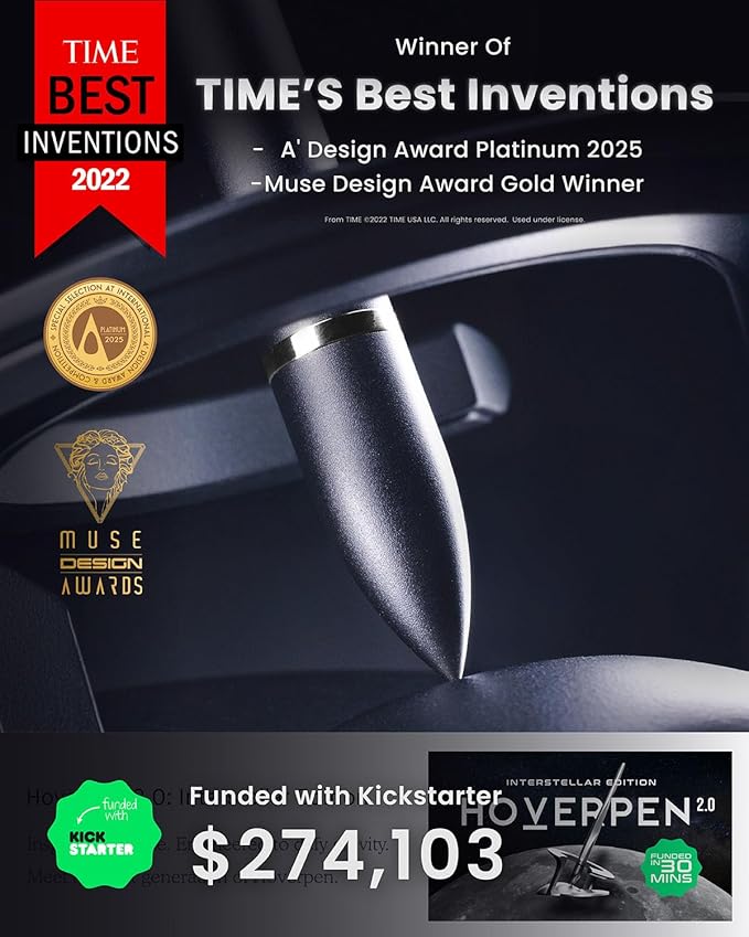 novium Hoverpen Interstellar - Space Black, Ballpoint Pen, 18K Gold-plated Pen Ring, 23.5 Degree Angle, Schmidt Ballpoint Refill, No Spills, No Spotting, No Explosions