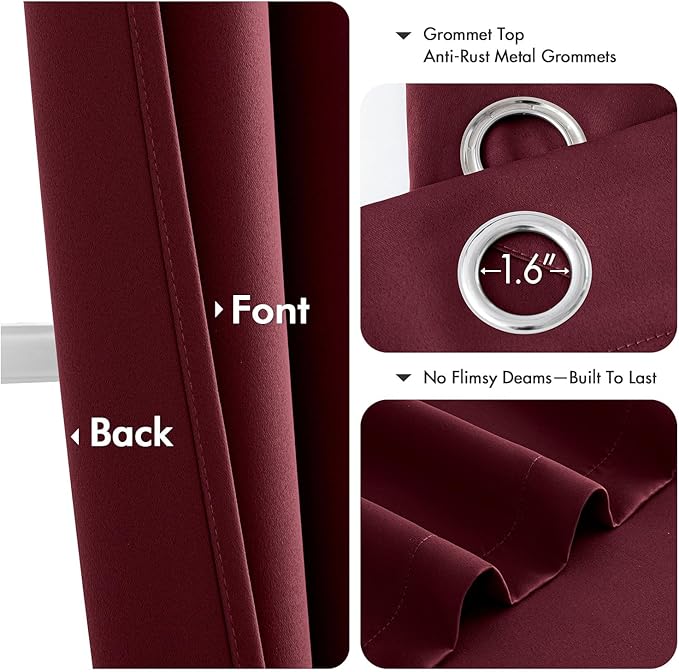 MIULEE Burgundy Red Blackout Curtains for Bedroom Living Room 63 Inches Long 2 Panels, Thermal Insulated Room Darkening Drapes Solid Grommet Top Noise Reduction Christmas Window Treatments 40x63 Inch