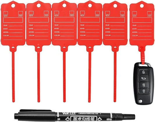 100 Car Key Tags with Labels Plastic Car Dealership Key Tags Self Locking Automotive Identifiers Blank Shop Labels with One Pen (Red)