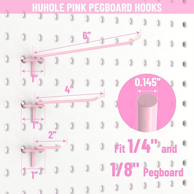 HUHOLE Pegboard Hooks 2 Inch 50PC, Pink Peg Board Hooks, Fit 1/4" or 1/8" Pegboard, Ideal Peg Board Organizer Accessories for Wall Display, Crafts Organization, Kitchen Organizer (Pink, 2 Inch)