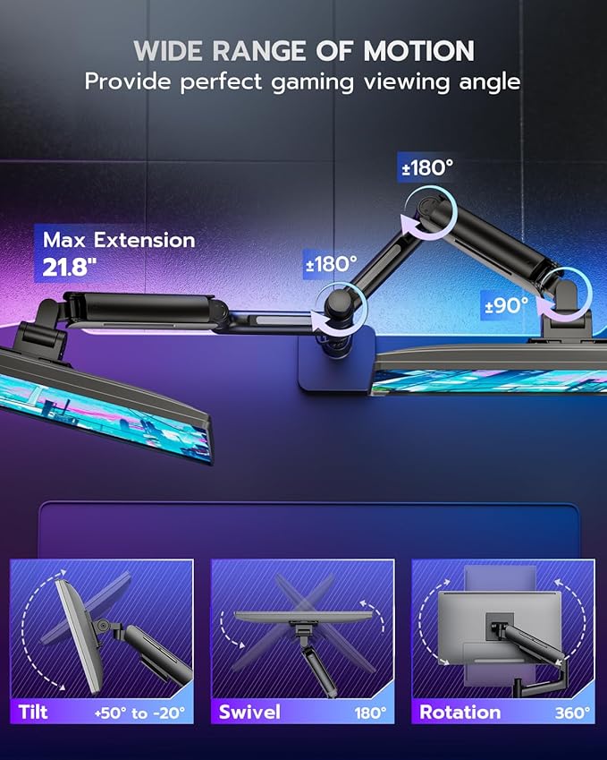 Vertical Dual Monitor Mount for 17-49 Inch Ultrawide Heavy Duty Curved Screen Stacking, Computer Monitor Arm Desk Mount, Gas Spring Adjustable Vesa Stand, Black