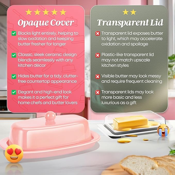 Flexzion Ceramic Pink European Butter Dish with Lid for Countertop (7 Inch) - 1 Stick Butter Holder for Counter, Cream Cheese Container Storage Keeper