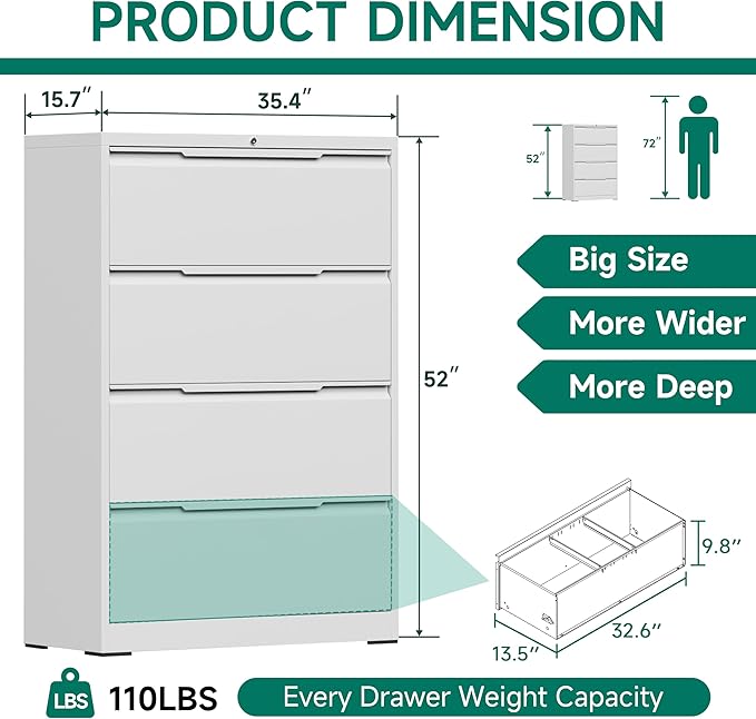 Metal Steel Filling Cabinets for Home Office - 4 Drawer Lockable Lateral File Cabinet for Hanging Files Letter/Legal/F4/A4 Size, Assembly Required - White