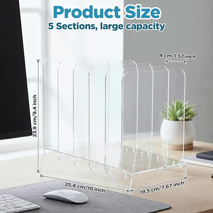 File Organizer for Desks Acrylic Vertical File Holder for Desk 5 Sections Desk Top Clear Workspace Sorters Folder Organizer Rack Stand for Letter Document Notebook Binder Office School Home