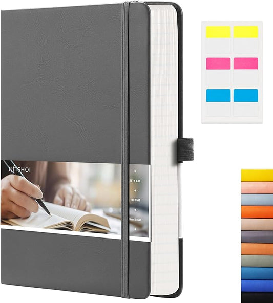EMSHOI Graph Paper Notebook 256-Page A5 Grid Journal, PU Leather Hardcover 120gsm Thick, Bleed-Resistant Paper, Portable 5.75” x 8.38” Size for Work, Math, Engineering– Dark Grey